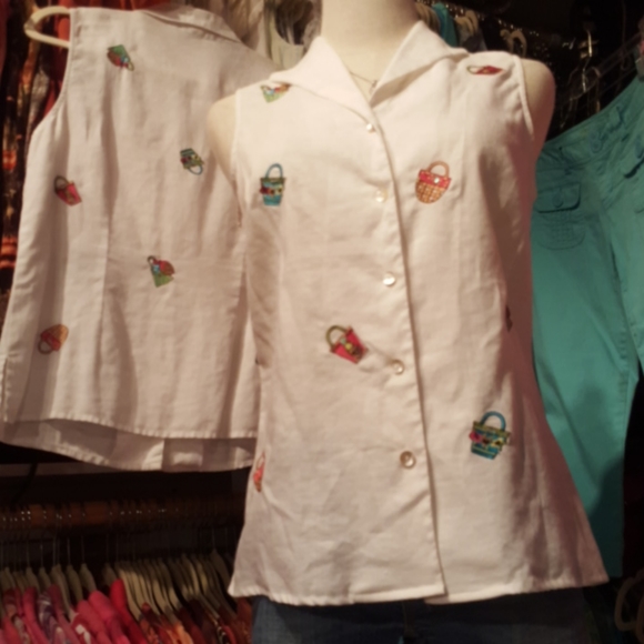 RICHARD MALCOLM ♡ Embroidered|Embellished Sequins Irish Linen Sleeveless Top S - Picture 3 of 12